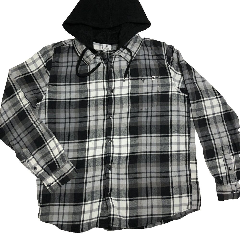 DC Men’s M Grey & Black Plaid Hooded Flannel Shirt Grunge Y2K 90s Skater Street